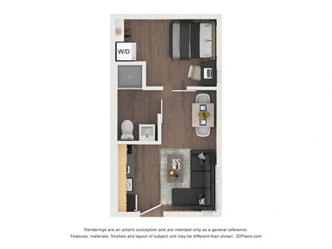 Floor plan for 1 bed, 1 bath, 343 sqft